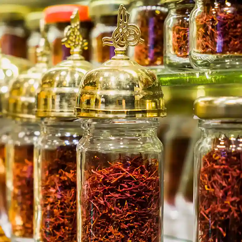 Saffron for sale in a store window display